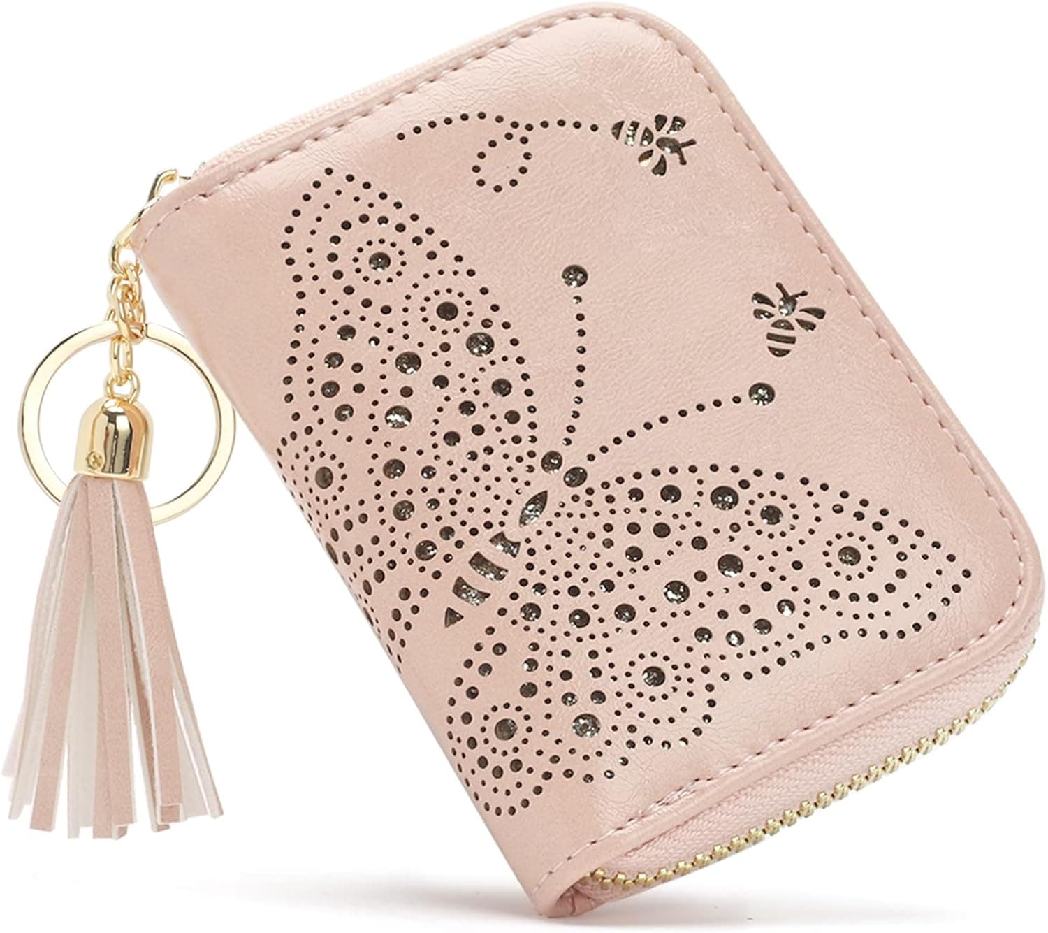 APHISON RFID Credit Card Holder Butterfly Purse Small Vegan-Leather Zipper Card Case Wallets for Women Glitter Cute Ladies Girls Coin Change with Keychain Pink