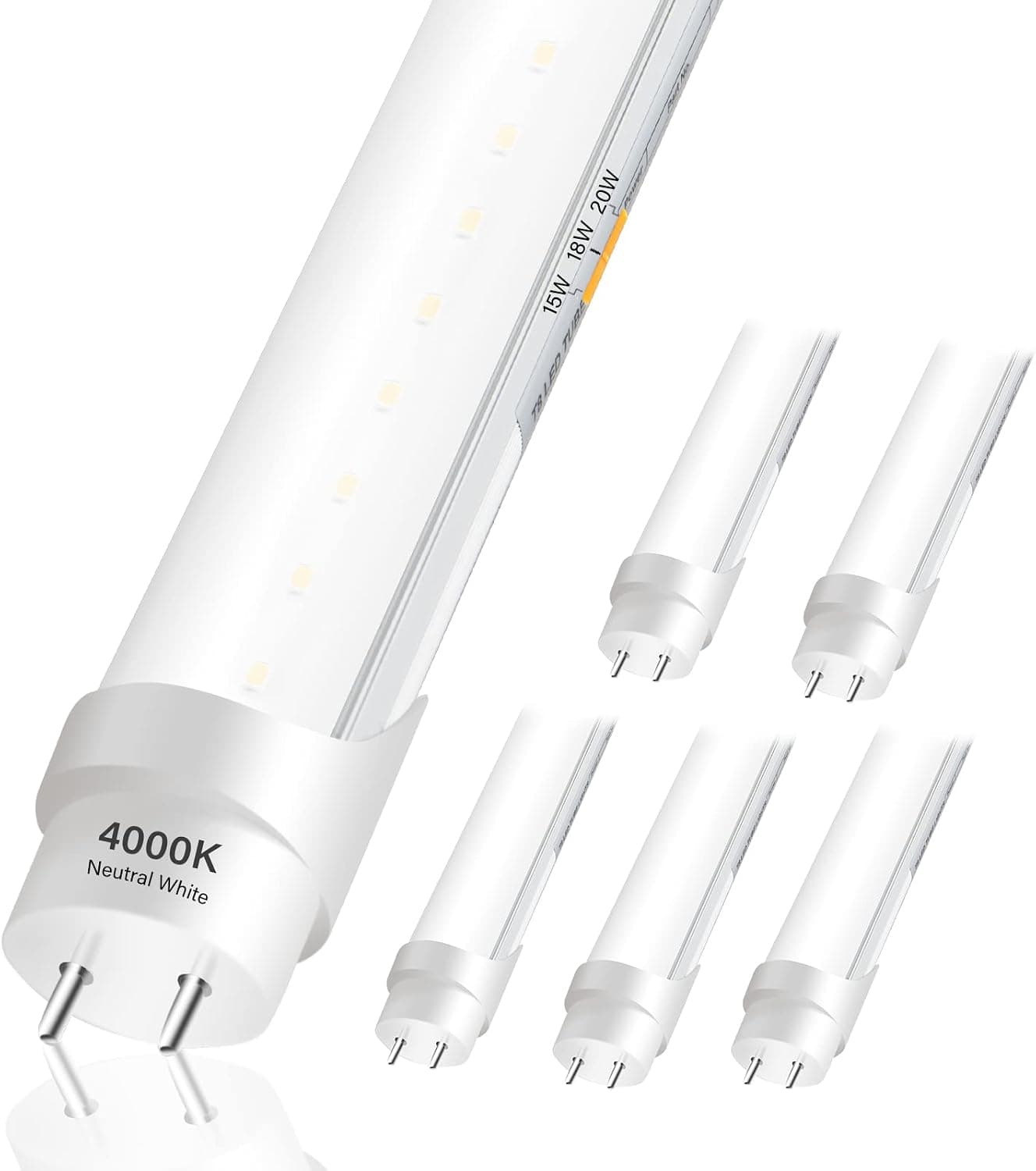 TATU LED Tube Light, 4 FT T8 T10 T12 Light Bulbs, 15W-20W Adjustable (18W=40W Fluorescent), LED Shop Light Ballast Compatible and Bypass, Single or Double Ended Powered, UL DLC Listed (4000K- 6 Pack)