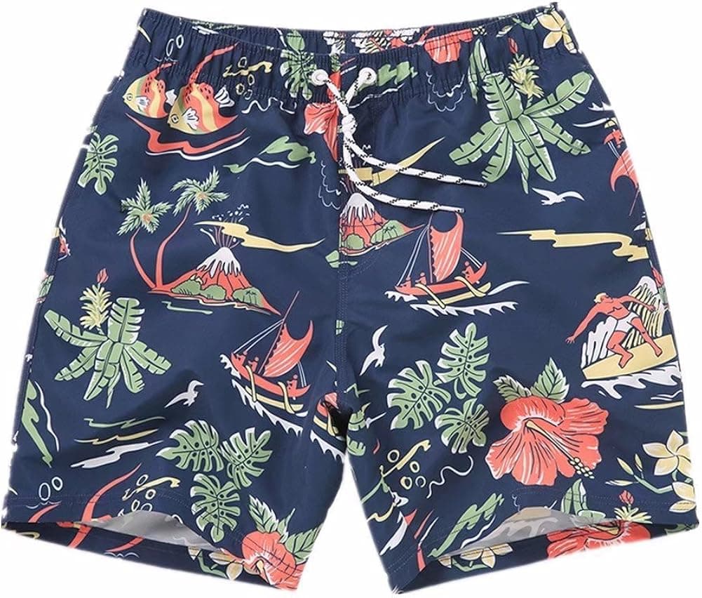 Mens Quick Dry Blue Short Swim Trunks Striped Water Shorts with Mesh Lining Long