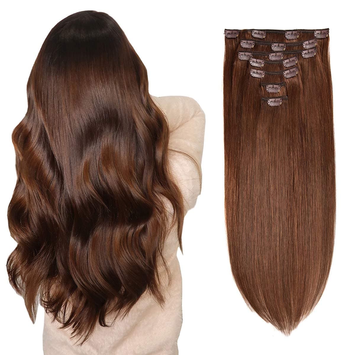 Clip in Hair Extensions Real Human Hair, 120g 7pcs Clip in Hair Extensions, 20 Inch Chocolate Brown #4 Human Hair Clip in Extensions, Double Weft Thickened Silky Straight Hair Extensions Clip in Human Hair, Real Hair Extensions Clip in Human Hair