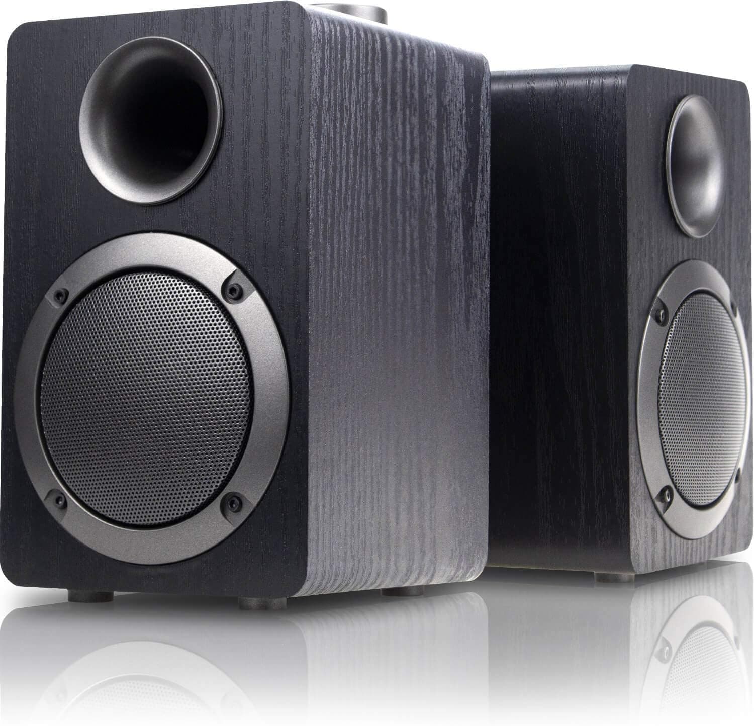 USB-Powered PC Computer Speakers; Mica PB20i with 2.0CH Surround Sound, Wooden Wired LED Volume Control Mini Speaker for Multiple Devices, Black (Renewed)