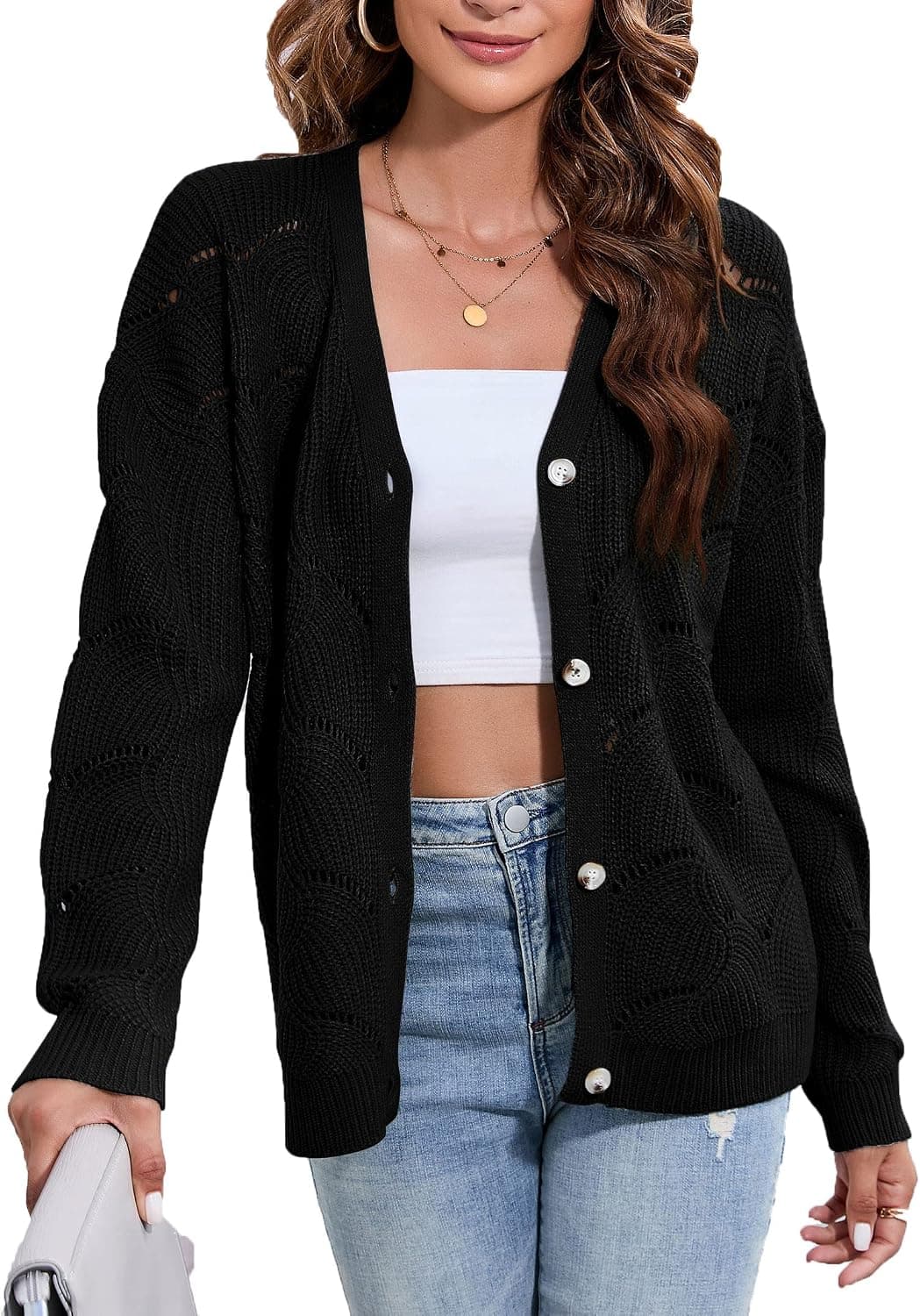 KOJOOIN Women's Crochet Lightweight Cardigan Spring Kimono for Women Trendy 2023 Long Sleeve Hollow Out Sweater