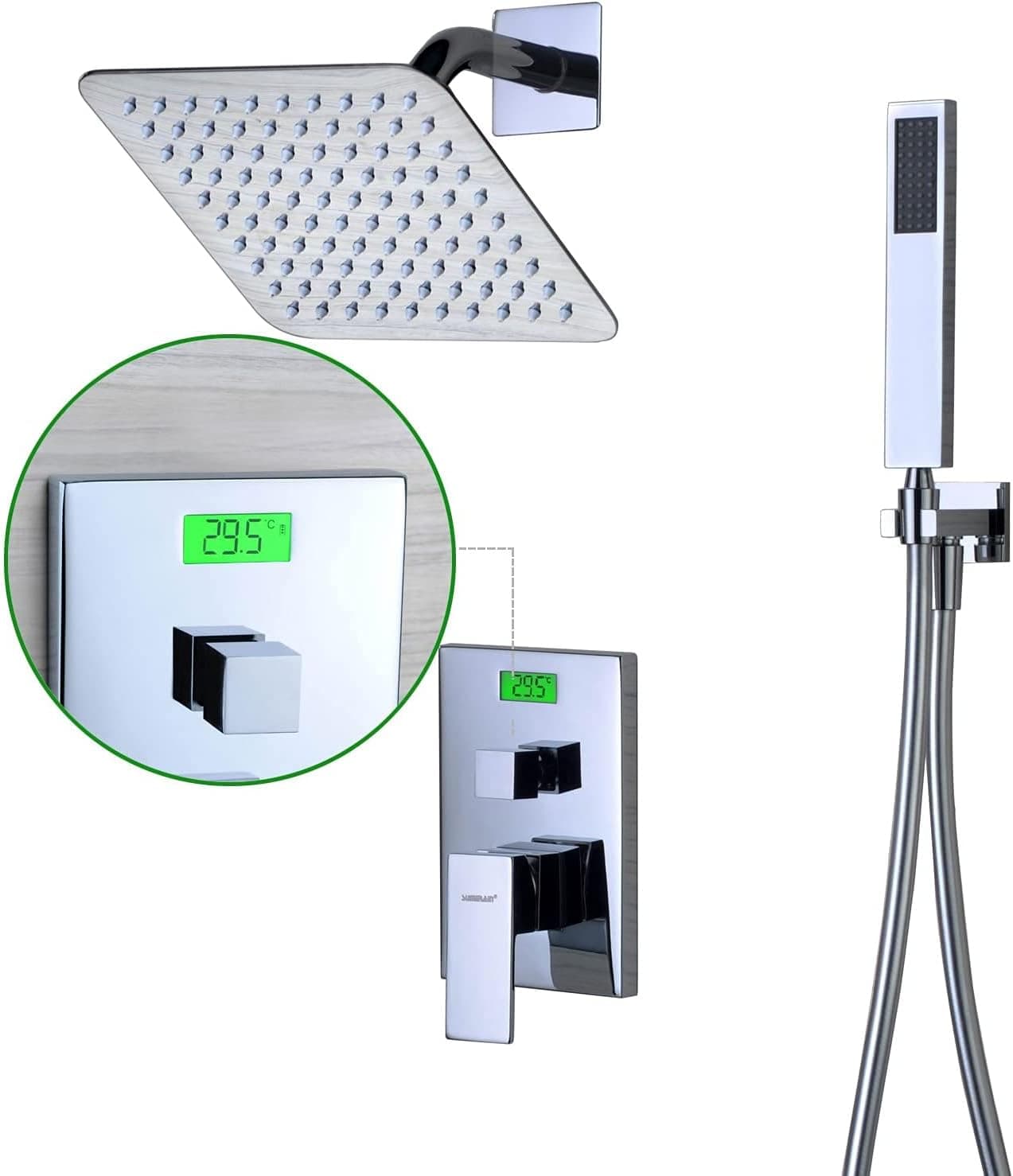 Sumerain Shower Faucet Sets Complete, Rain Shower System Integrated Digital Temperature Display with 8" Square Stainless Steel Ultra-thin Rain Shower, Pressure Balanced Valve