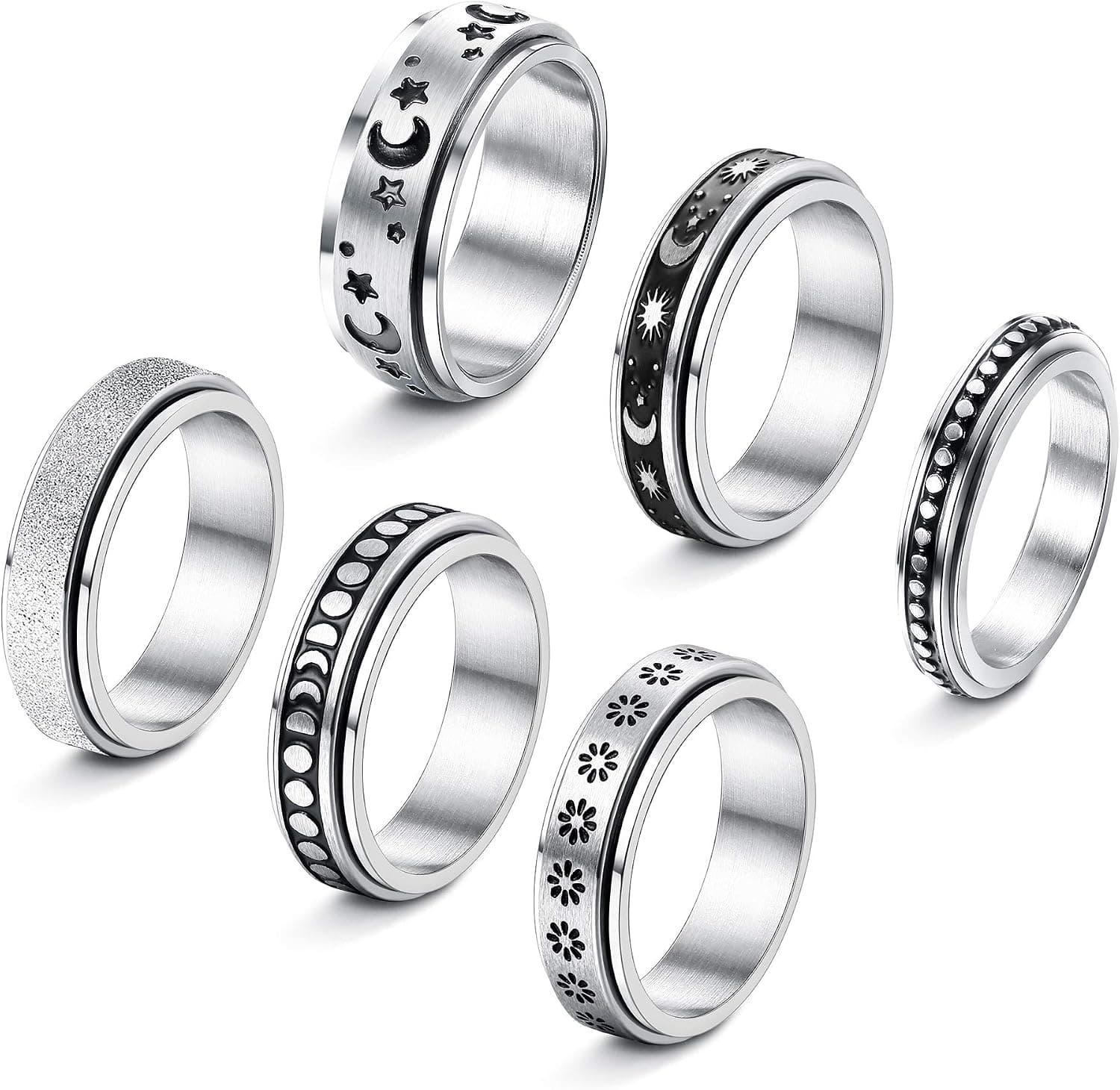 THUNARAZ Titanium Stainless Steel Anxiety Ring for Women Men Spinner Rings Fidget Ring Set 6-8mm Wide Stress Relieving Fashion Wedding Promise Band Rings Size 5-11
