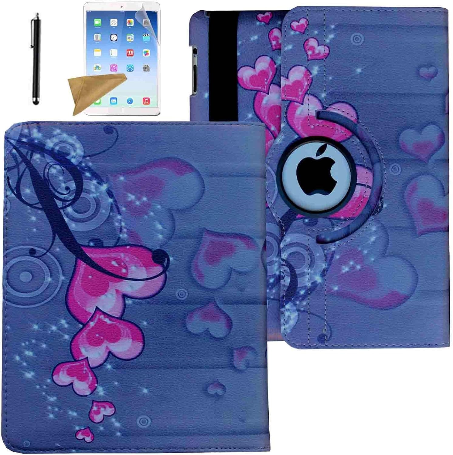 iPad 2 Case, iPad 3 Case, iPad 4 Case, Lingsor 360 Degree Rotating Stand Magnetic Smart Leather Cover Auto Sleep Wake for iPad 2/3/4 with Film and Stylus, Pink Heart