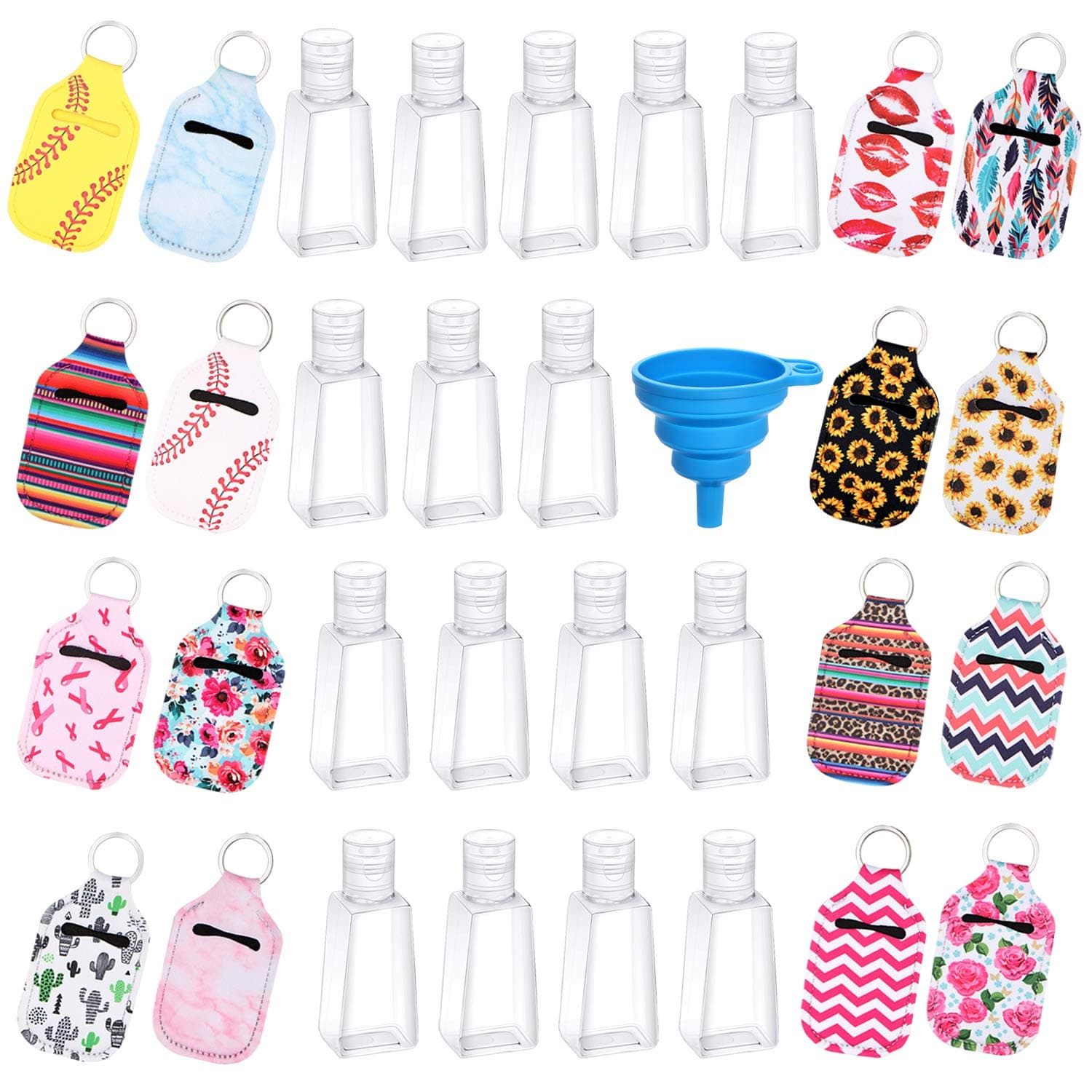 Yarachel Empty Travel Size Bottle with Keychain Holder - 16 pieces Flip Cap Reusable Bottles with 16 pieces Keychain Carriers Refillable Bottles with Funnel for Soap Liquids（Style 1）