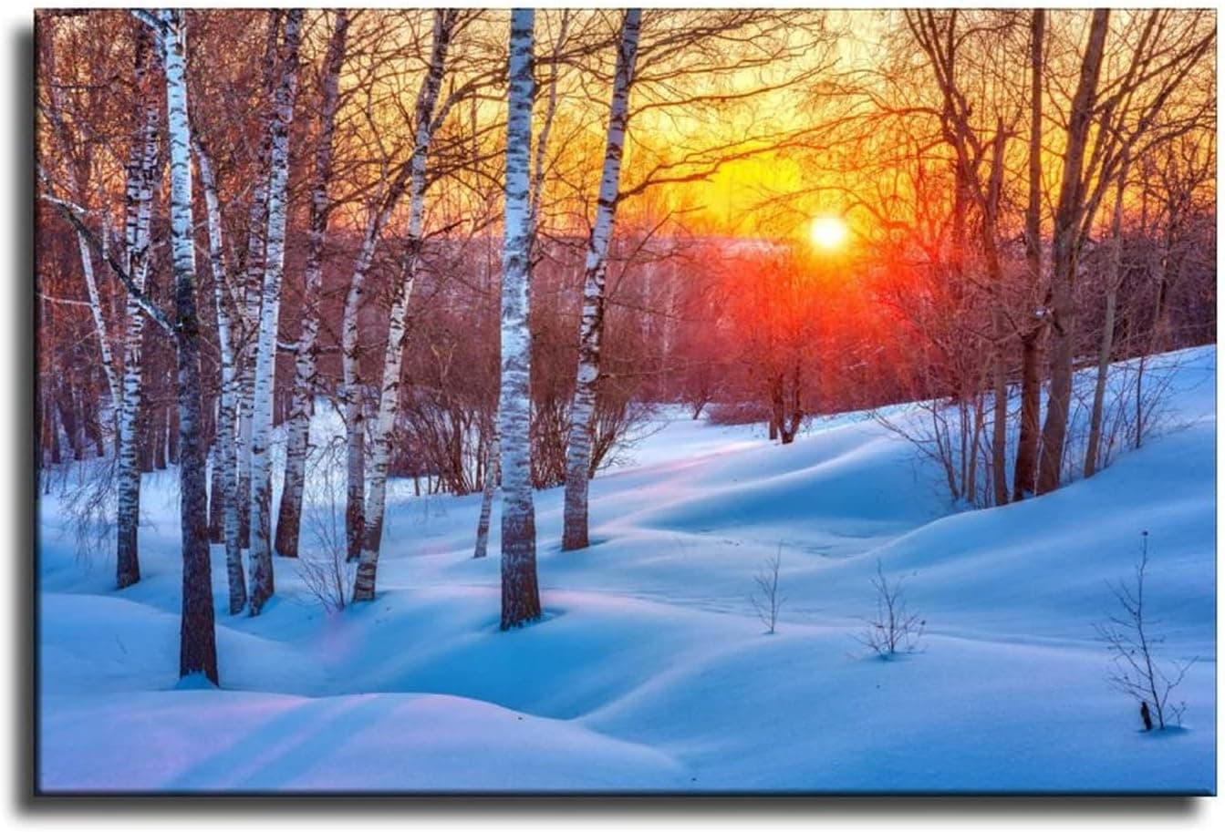 SUPERYUFENG Snowy Birch Tree Forest Colorful Winter Sunset Canvas Art Poster and Wall Art Picture Print Modern Family Bedroom Decor Posters 16x24inch(40x60cm)