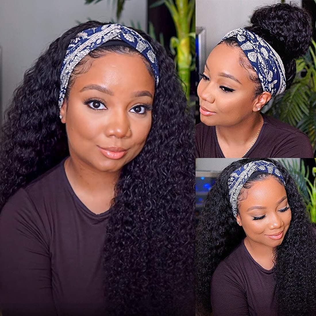 Persephone Glueless Headband Wig Curly Human Hair Wigs for Black Women Deep Wave None Lace Front Wigs Natural Color Machine Made Wigs 150% Density (18 Inch)