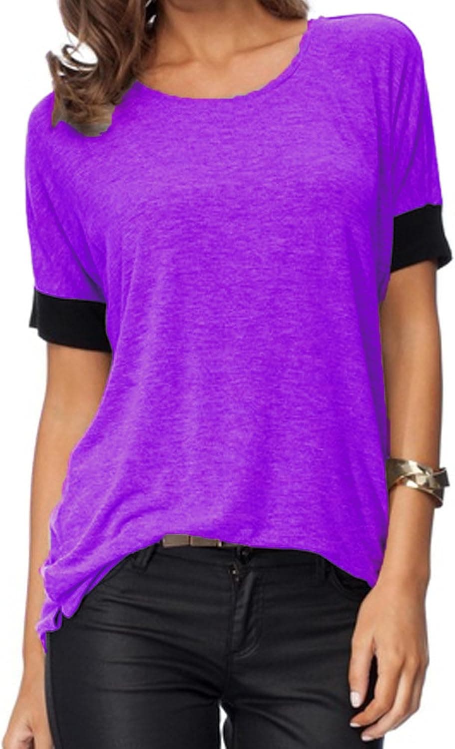 THANTH Womens Tops Short Sleeve Cotton Shirts Round Neck Casual T Shirts Loose Fit Solid Color Tee Top Blouses