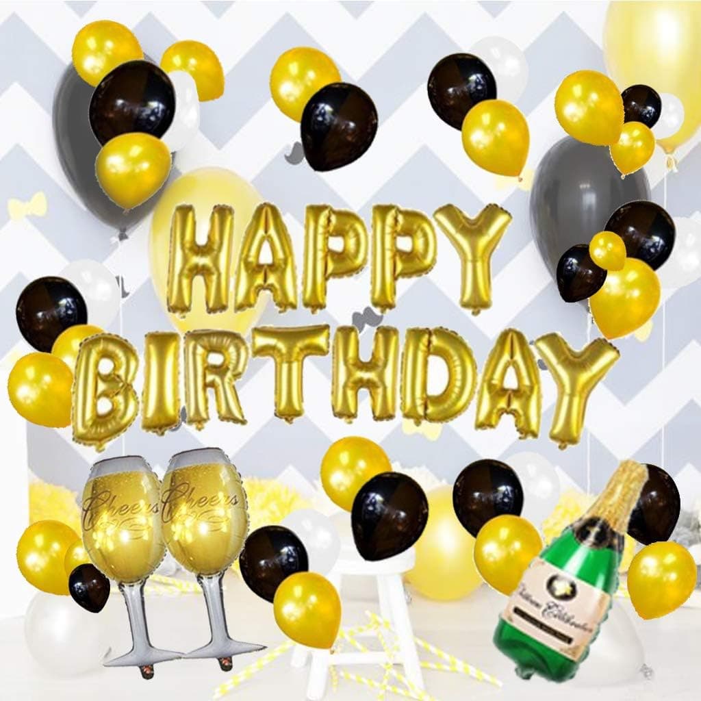 Happy Birthday Party Balloons Banner Decoration, Champagne Bottle Goblet Big Mylar Foil Balloons Thick Latex Balloons Gold Black White for Party Favor Supplies