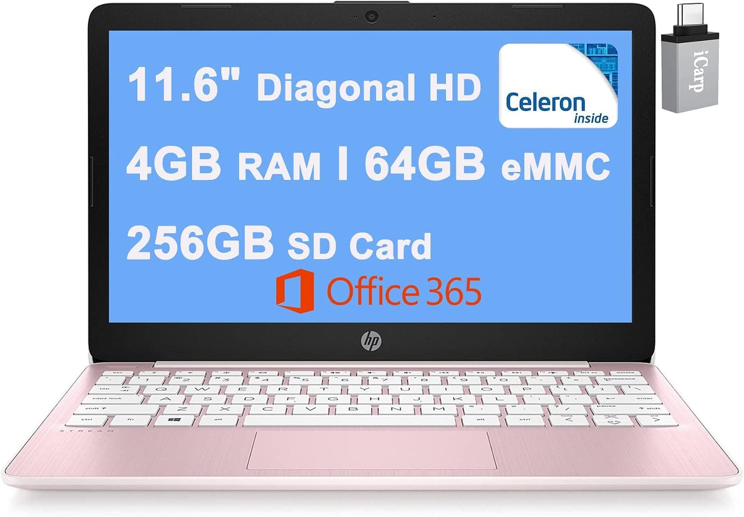 HP Stream 11 Laptop Computer 11.6 inches Diagonal HD Anti-Glare Display Intel Celeron N4000 4GB RAM 64GB eMMC 256GB SD Card USB-C HDMI Bluetooth Office365 Win10 Pink + USB-C Adapter, HP Stream latop