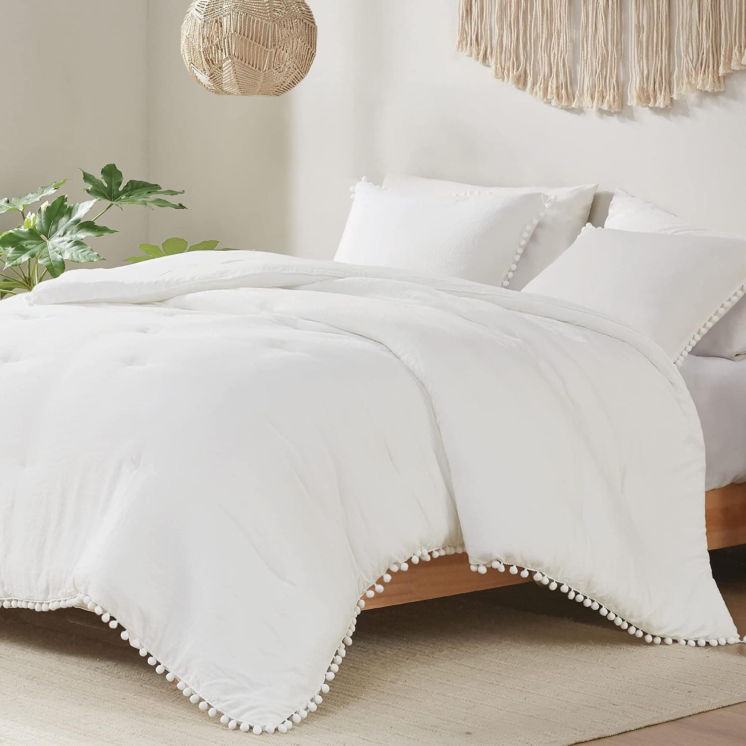 Codi White Boho Twin Comforter Set, Aesthetic Luxurious Pom Fringe Design Bedding,Cute Soft Washed Microfiber Bed Sets, Lightweight Chic,1 Comforter & 1 Pillowcase (68x90 Inches)