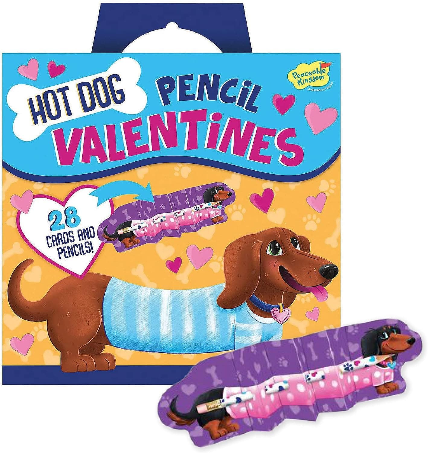 Peaceable Kingdom Hot Dog Valentines Assortment, Valentines Day Cards for Kids, 28 Cards and Pencils