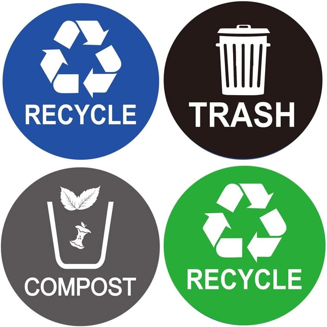 Recycle Sticker Trash Bin Label 8 Pack-4"x4"-Waterproof Organize & Coordinate Garbage Waste from Recycling Indoor & Outdoor,Great for Metal Aluminum Steel or Plastic Trash Cans,Use at Kitchen &Office