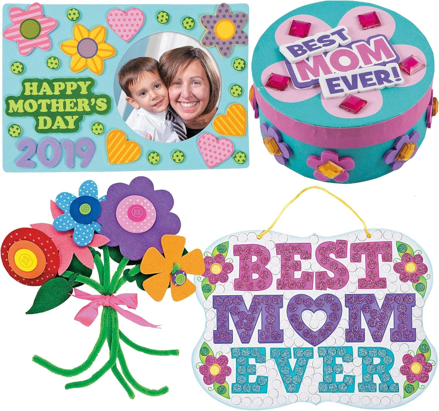 Mothers Day Craft Kit | Mum Picture Photo Frame, Self-Adhesive Flower Bouquet, Bike Magnet, Mom Glitter Mosaic Sign & Jewelry Box Craft | Kids DIY Classroom Daycare Homeschool Art Gift Toys Boys Girls