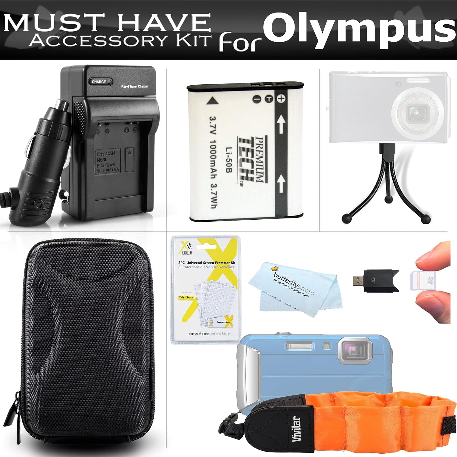Accessories Bundle Kit for Olympus Stylus Tough TG-610 TG-810 TG-820 iHS TG-830 iHS TG-630 iHS TG-860, TG-870 Digital Camera Includes Replacement LI-50B Battery + Charger + Float Strap + Case + More