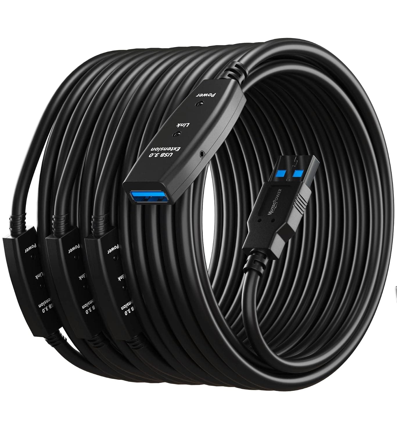 MutecPower 82 Feet Active USB Extension Cable 3.0 Male to Female with 3 Extension chipsets Signal Booster - Active Extension/Repeater Cord 25 Meter / 82 Feet (AC Power Supply Included)