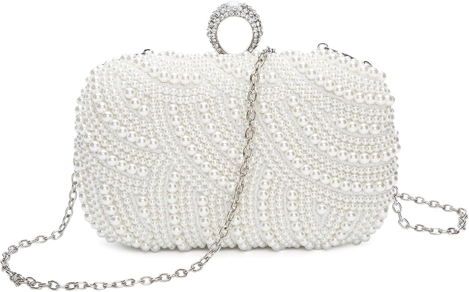 Chichitop Womens Luxury Special Crystals Beaded Pearl Evening Clutch Bag,White