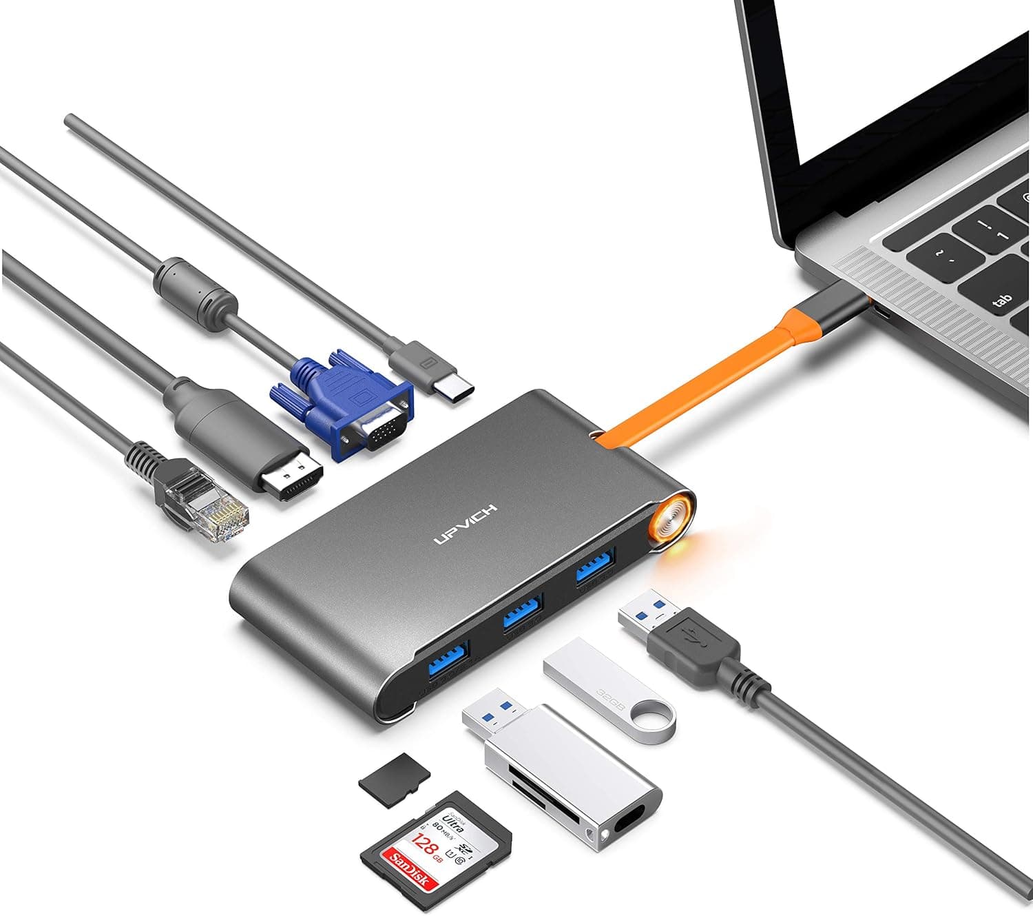 UPVICH USB C Hub,7 in1 USB C Adapter with HDMI 4K,VGA 1080p,3 USB 3.0,1000/M Ethernet,PD 100W Port Compatible with Macbook Pro 2016 to 19,Air 18/19,iPad Pro 18/19,ChromeBook,XPS,Galaxy S8/S9 and More