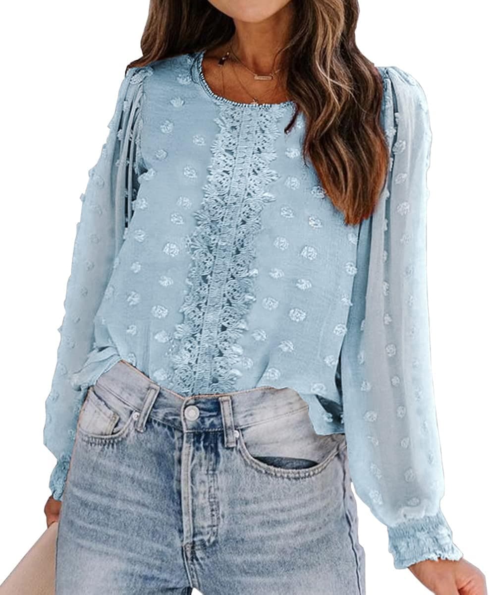 WICIWI Women Blouses Long Sleeve Crew Neck Chiffon Swiss Dot Shirts Dressy Casual Lace Pom Pom Shirt Fall Cute Tops