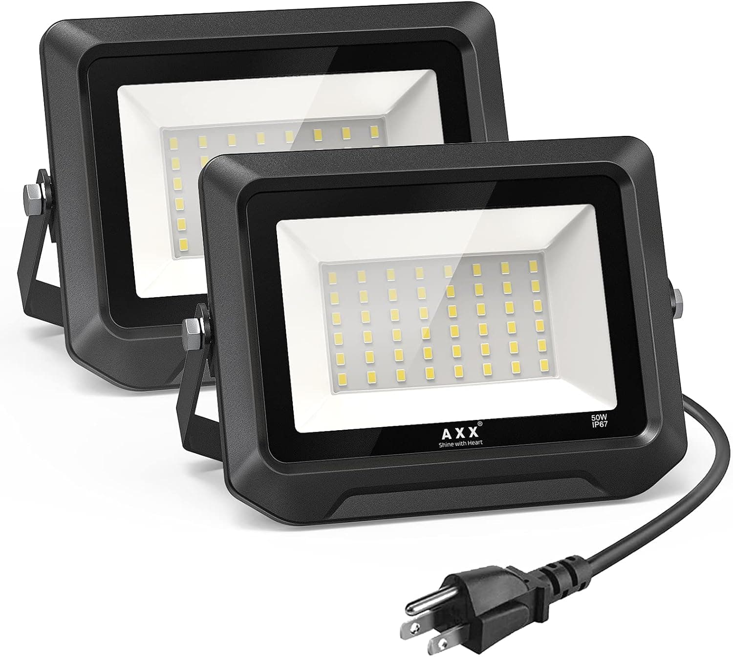 AXX LED Flood Light Outdoor, 50W Plug-in Work Lights, Floodlights for Backyard, Stadium, Garden, 5000K, 5500LM Super Bright, IP67 Waterproof, Flexible Bracket, Switch Controlled Flood Lights