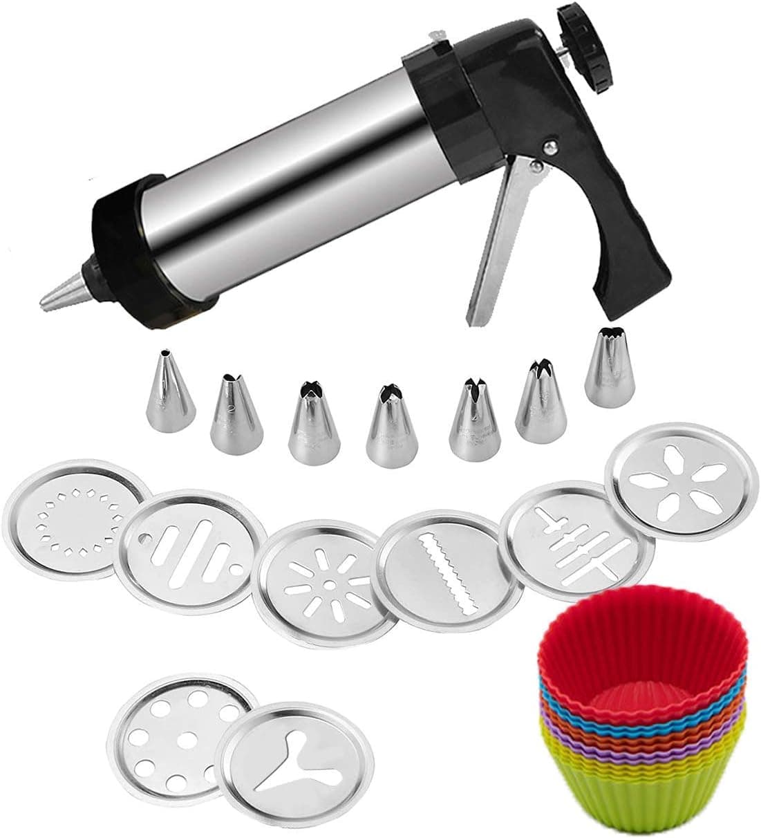 1235 Cookie Presses Machine Stainless Steel, Biscuit Maker with 8 Cookie discs, 8 nozzles and 15 Cake Mold for DIY Biscuit Maker and Cake Decoration