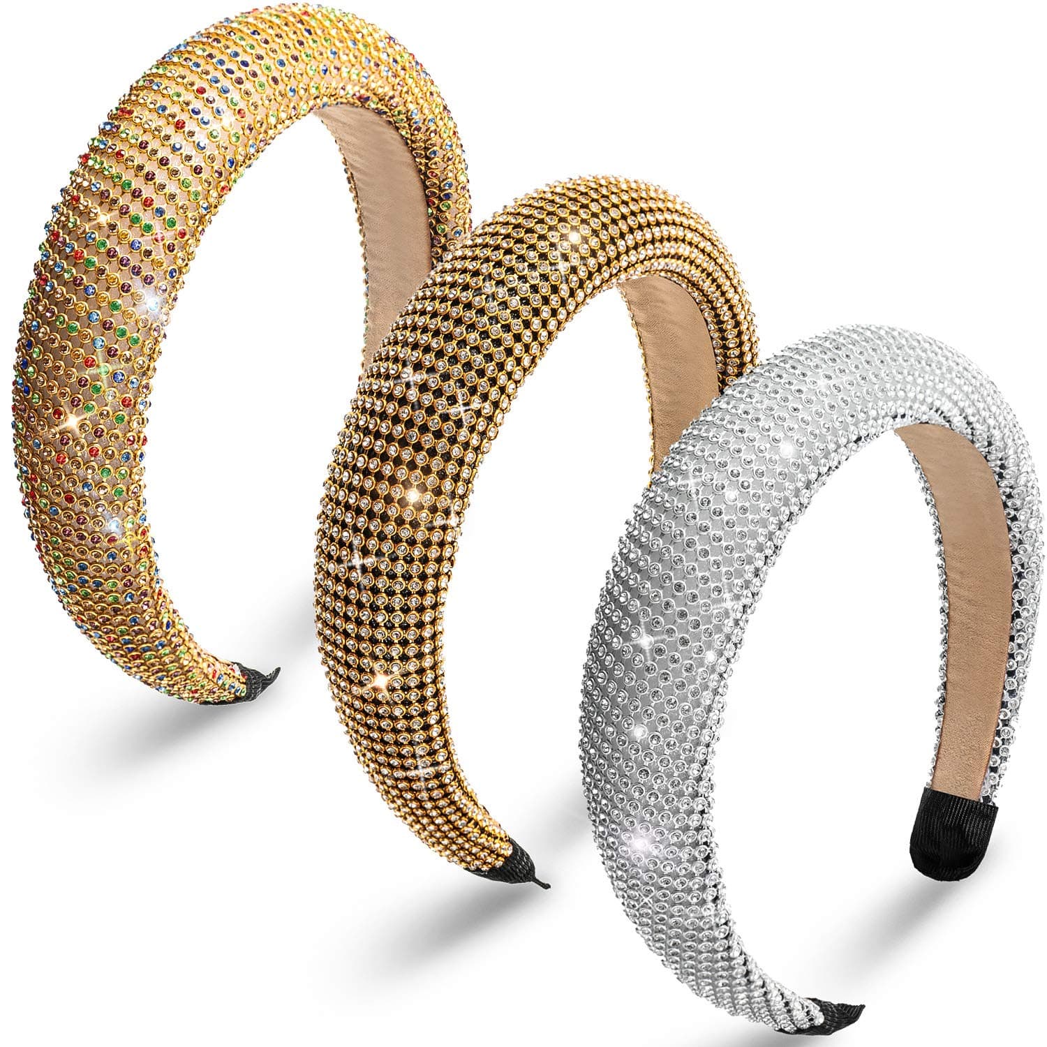 WILLBOND 3 Pieces Rhinestone Padded Headband Diamond Crystal Beaded Headband Wide Glitter Hairband Headwear for Women Girls Party Hair Accessories ()