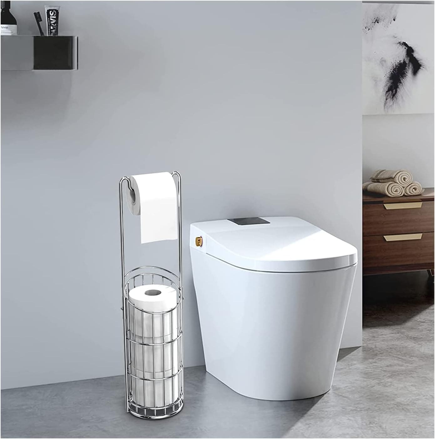 Suncleanse Toilet Paper Stand,Upgrade Free Standing Toilet Paper Holder for Bathroom,Polished Chrome Toilet Paper Holder Stand Dispense 1 Mega Toilet Paper and Storages 3 Reserve Rolls.