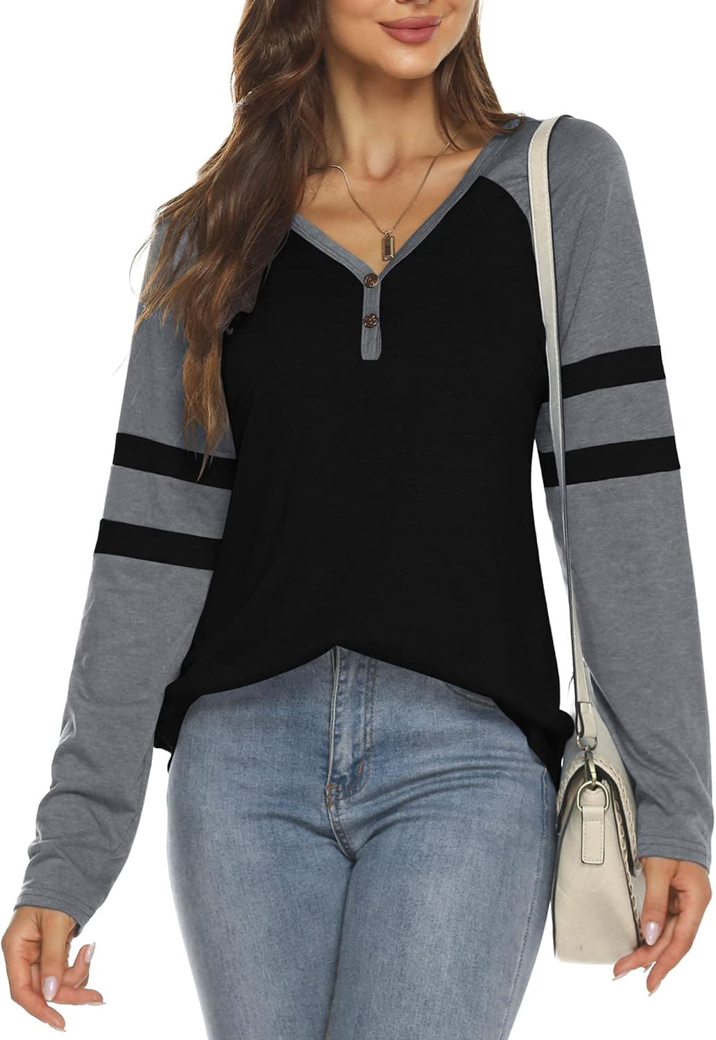 CHAMA Women's Long Sleeve Tops Striped Color Block V-Neck Button T Shirts Blouses Casual Basic Tunic Tee Shirt