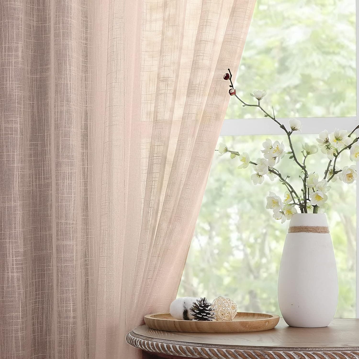 NOVEISH Linen Solid Semi-Sheer Rod Pocket Curtain Panels (Set of 2) for Kitchen Bedroom Living Room Drapes Sunlight Filtering Privacy Semi Home Decor Beige 52" W x 45" L