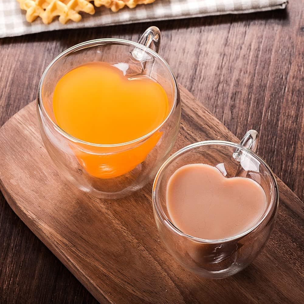 2 Pack/Set Heart Shaped Double Layer Drinking Glass Mug Heat Resistant Milk Lemon Juice Cup Tea Cups Coffee Mugs Gifts 150ML