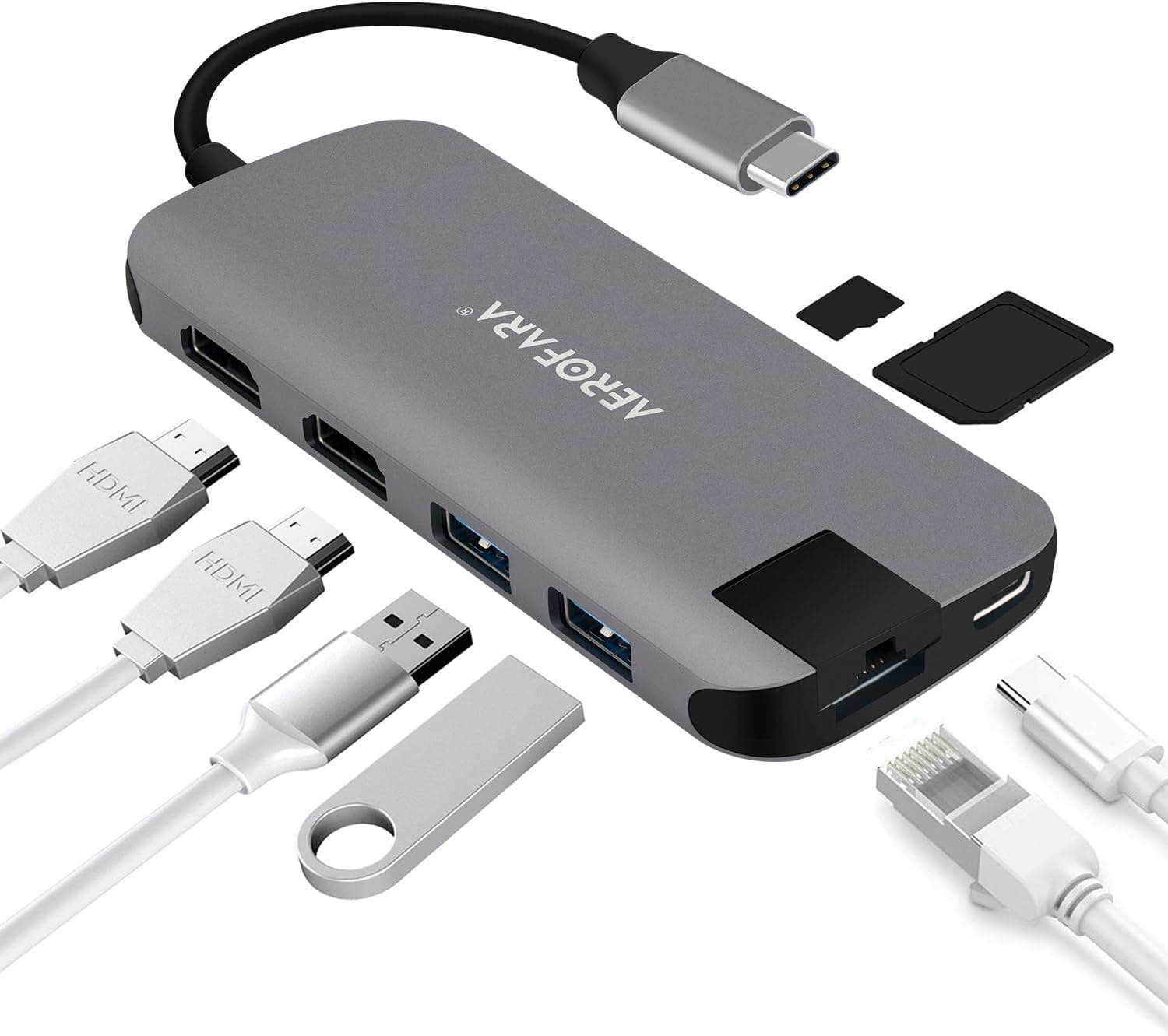 USB C Hub USB C Adapter Dual HDMI 4K Display, USB C to USB 3.0 2 Ports,Gigabit Ethernet , SD/ MicroSD Card Reader, PD Charger for Macbook Pro (only mirror),HP Spectre X360 Windows (mirror and extend)