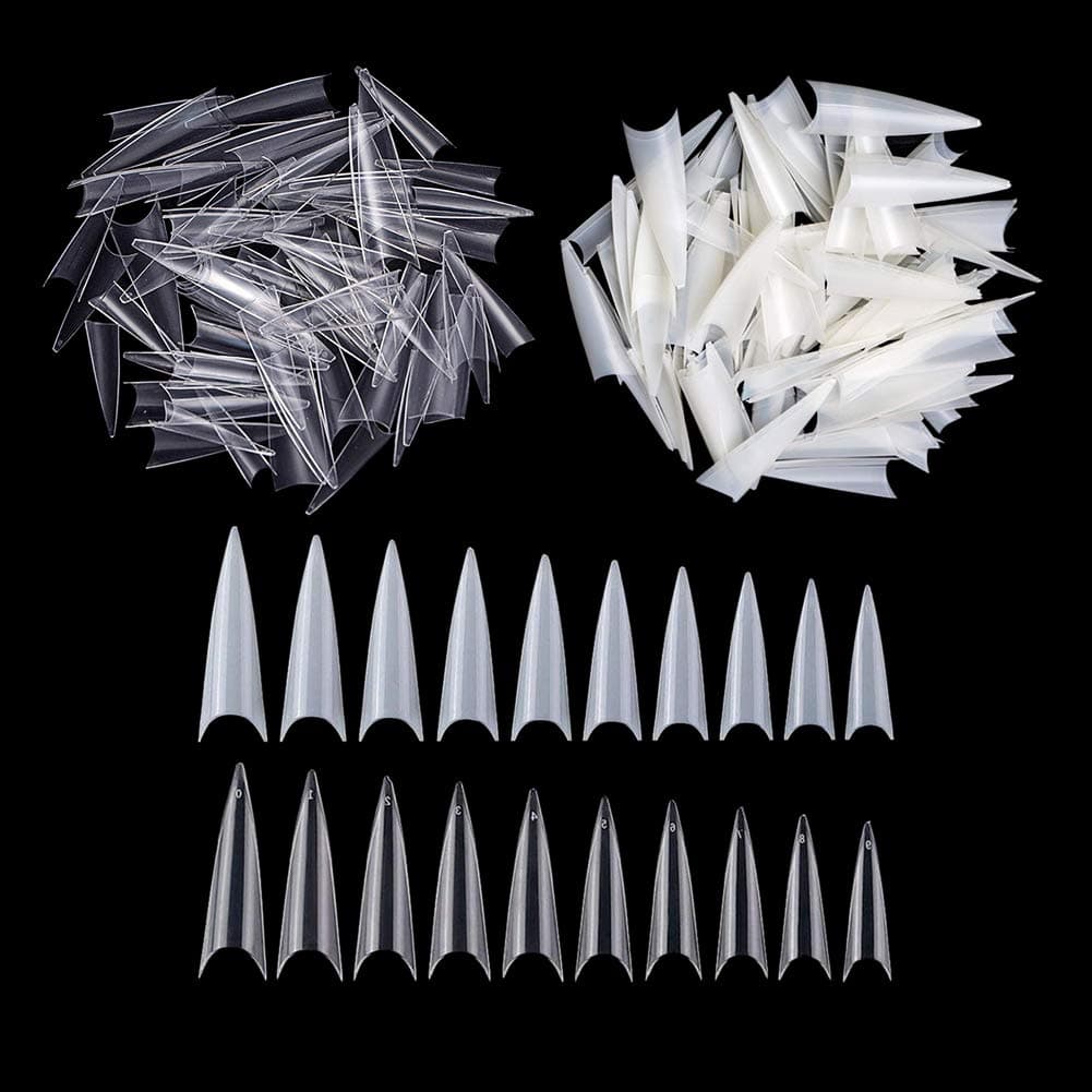 1000Pcs Long Stiletto Nail Acrylic False Tips Clear and Natural Artificial Press on Fake Nails for Women with bag