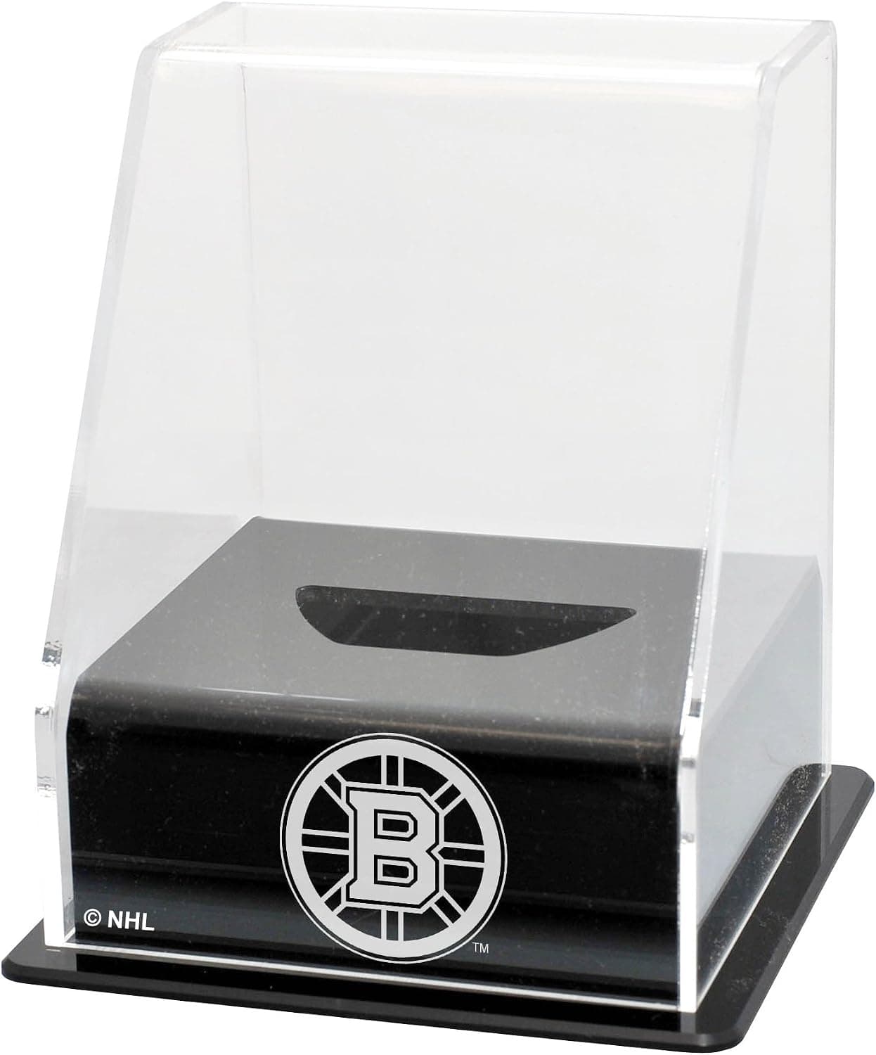NHL Boston Bruins Angled Base Single Hockey Puck Display Case with Museum Quality UV Upgrade