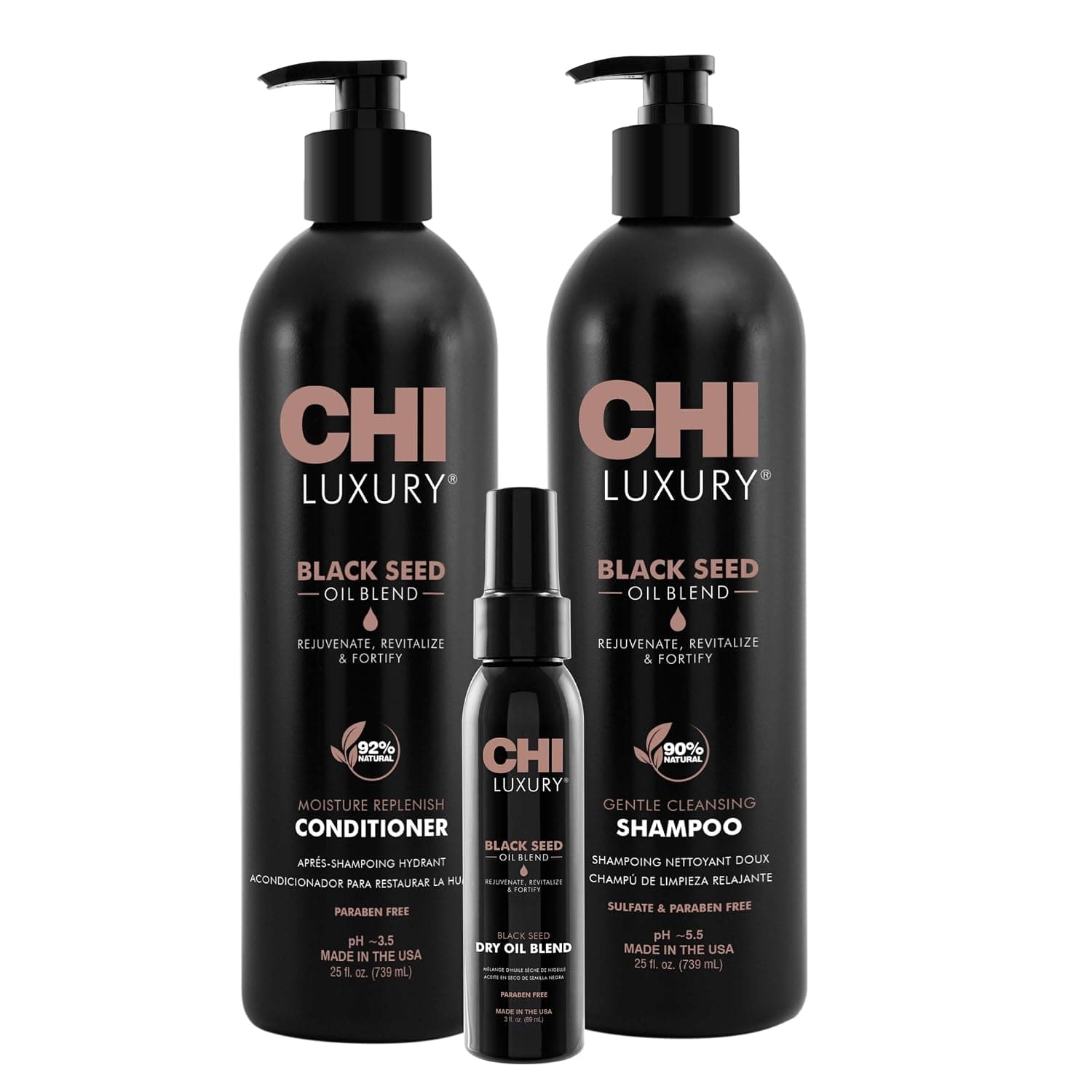 CHI Luxury Seed Oil Blend Gentle Cleansing Shampoo 25oz Luxury Seed Oil Moisture Replenish Conditioner 25oz AND Luxury Seed Dry Oil 3oz 3 Pack, Black, 25 Fl Oz