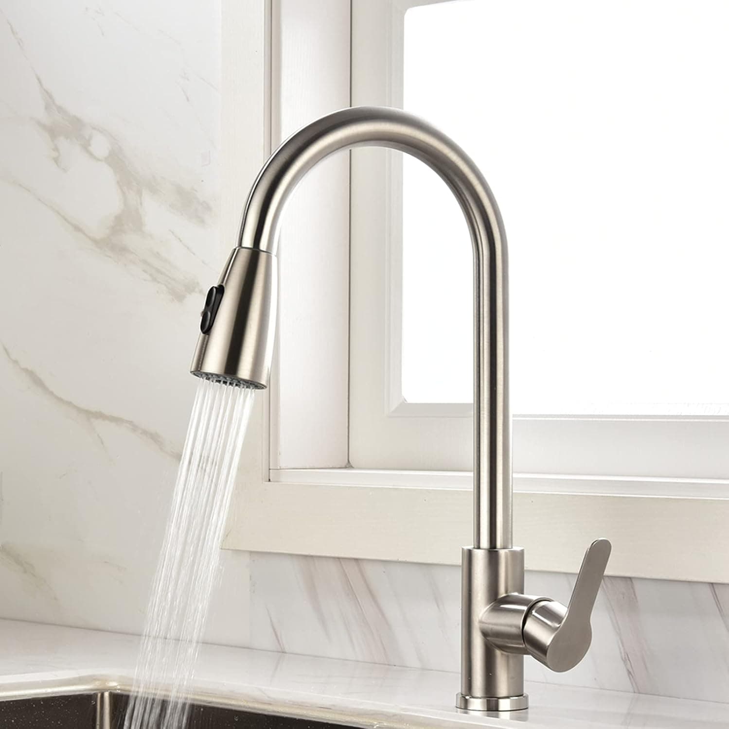 WINDALY Faucet for Kitchen Sink, 304 High Arc Stainless Steel Single Handle Kitchen Faucet with Deck Plate, Brushed Nickel (Chrome) (Tall Brushed Nickel)