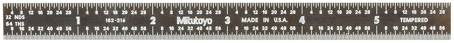 Mitutoyo 182-216, Steel Rule, 6"/150mm ( 1/32, 1/64", 1mm, 0.5mm), 1/64" Thick X 1/2" Wide, Black Chrome Finish Tempered Stainless Steel