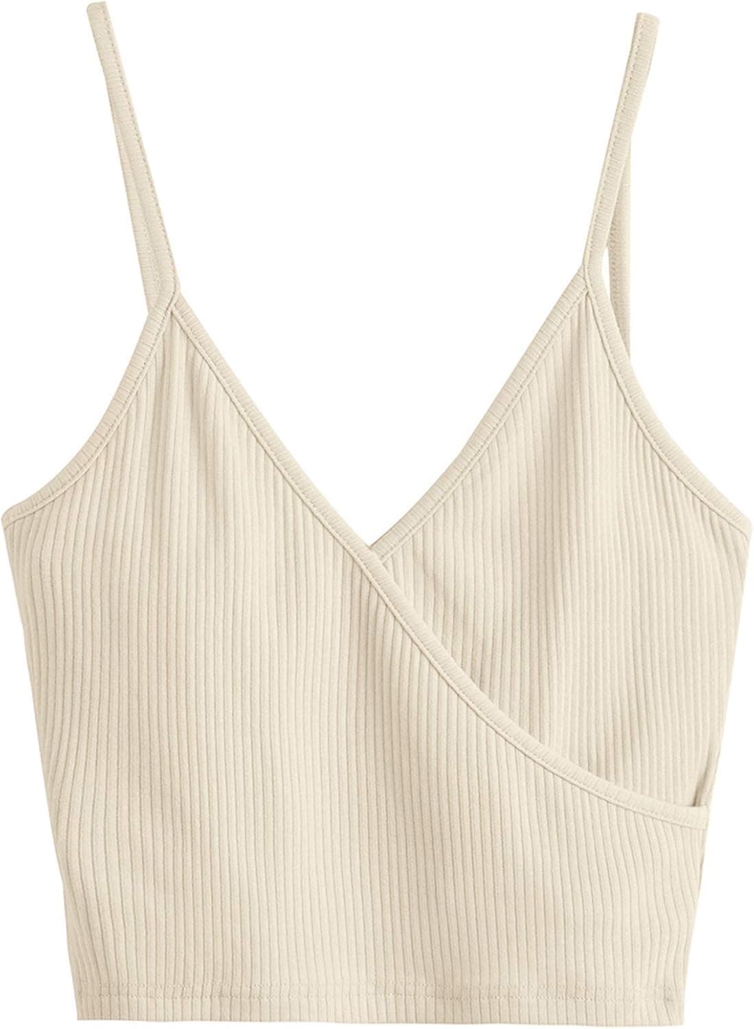 SheIn Women's Casual V Neck Ribbed Knit Overlap Front Crop Cami Top