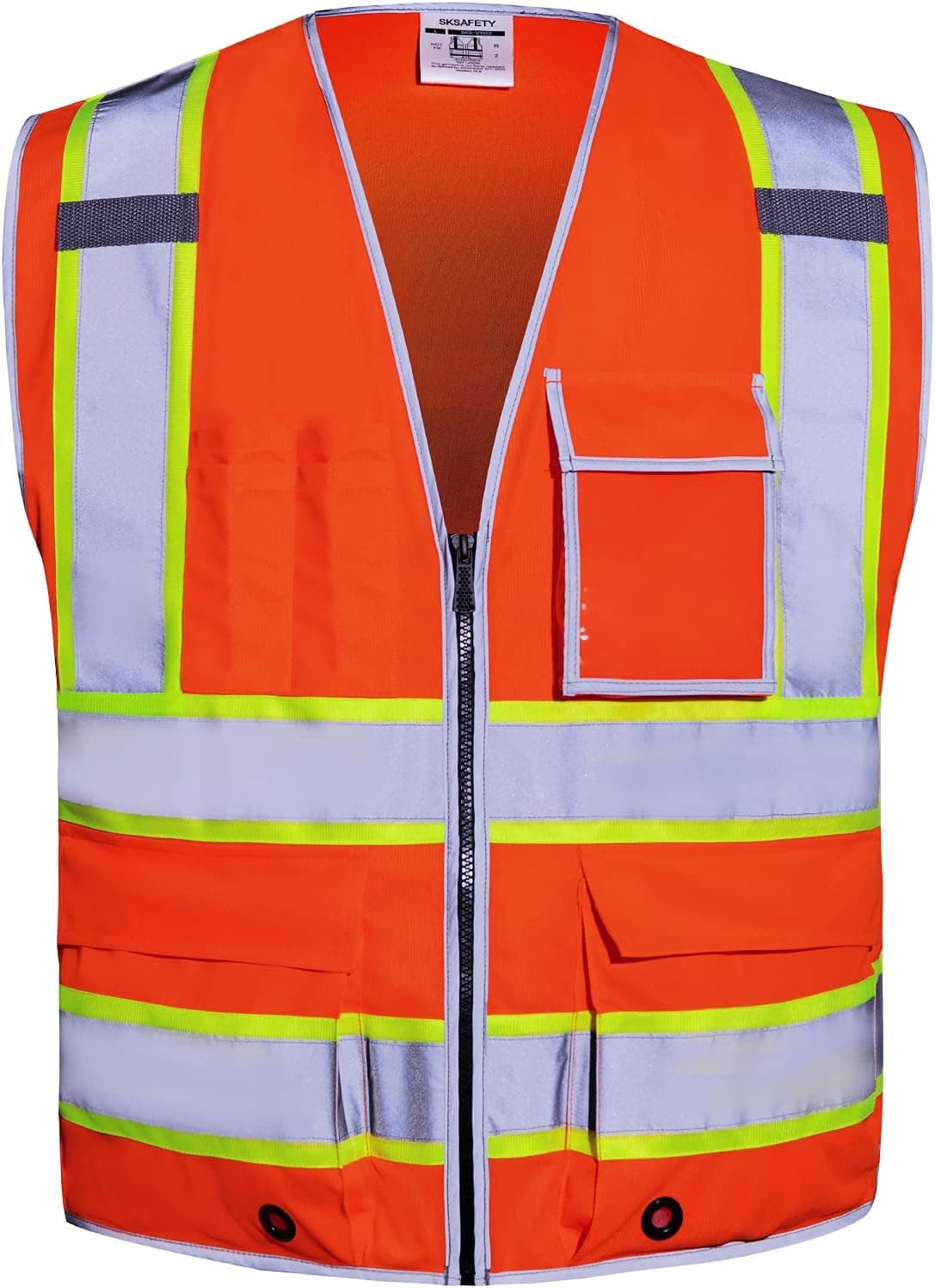 SKSAFETY 10 Pockets Safety Vest, Class 2 High Visibility Security with Zipper, Hi Vis Vest with Reflective Strips, ANSI/ISEA Standard, Construction Work Vest for Men ＆ Women （Orange, 4XL）