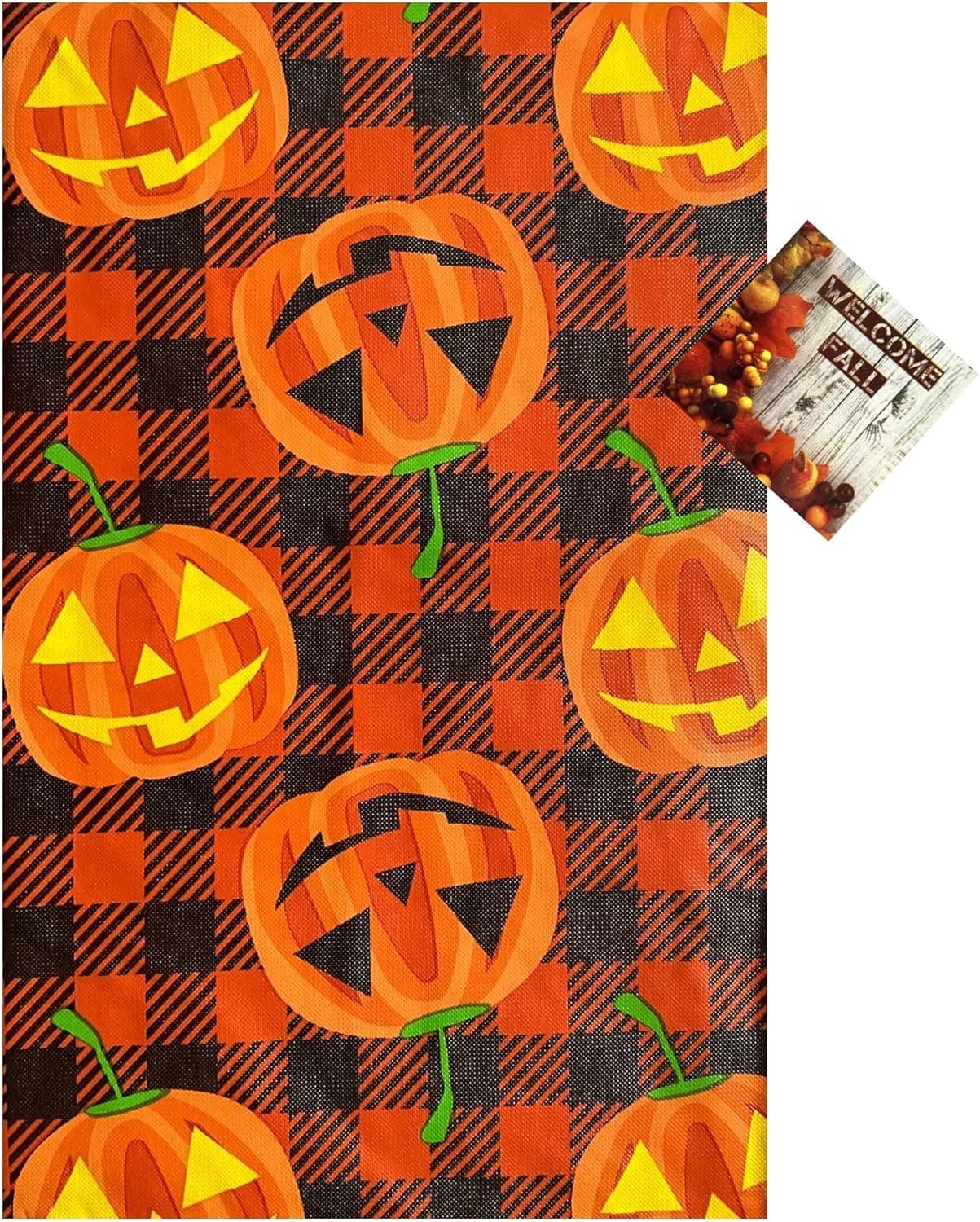 Halloween Vinyl Tablecloth Flannel Backed Carved Pumpkins Jack-O-Lantern Trick Or Treat Orange and Black Check Background Indoor Or Outdoor with Custom Magnet (52'' x 70'' Oblong) (HH-410PK)