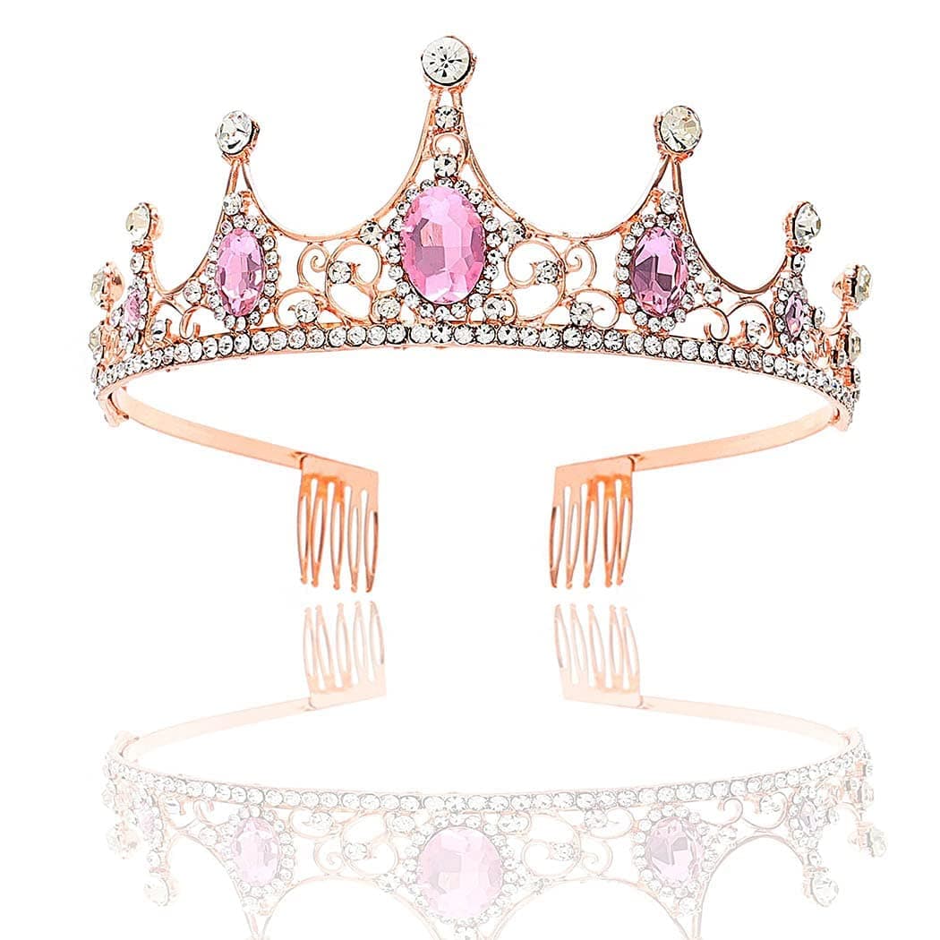 Campsis Princess Rhinestone Tiara Crown Pink Crystal Tiara with Comb Bling Headpiece Accessories Birthday Party Wedding Porm Photography for Girls and Women