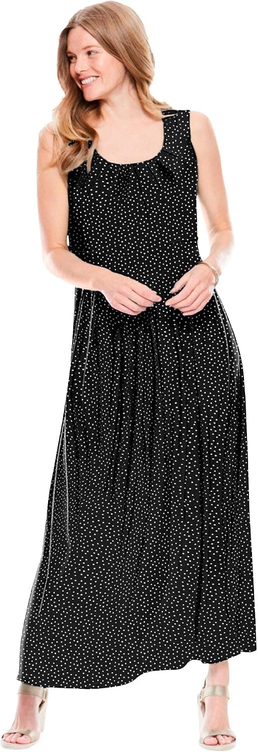 Woman Within Women's Plus Size Empire-Waist Print Maxi Dress - 26/28, Black Ivory Dot Multicolored