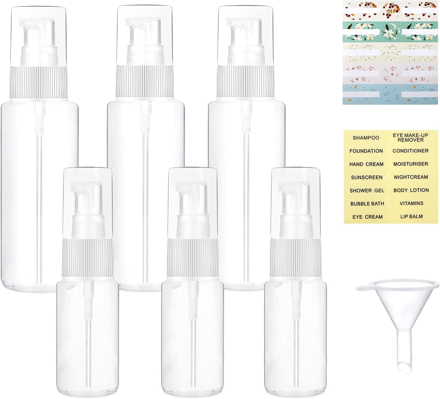 YICTEK Portable Travel Bottles for Toiletries with Pump Dispenser, 3.4 Oz and 1 Oz Plastic Small Pump Bottle Set, Refillable Bottles for shampoos, Lotion and Conditioner- 6 Packs