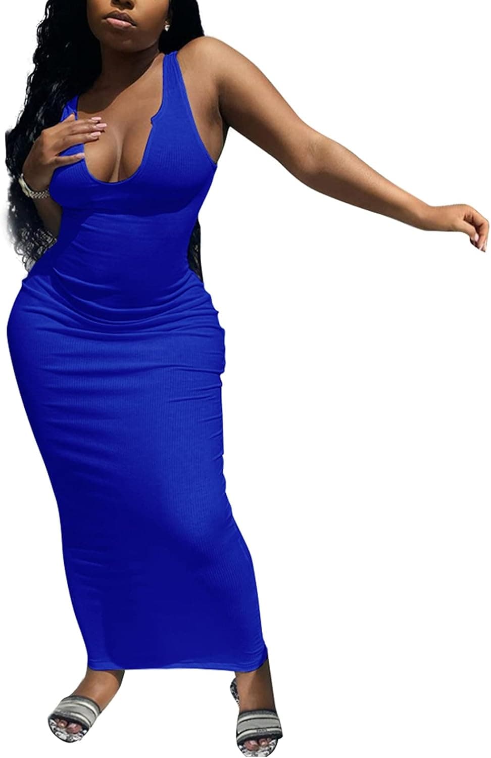 GEMEIQ Womens Summer Sexy Bodycon Sleeveless Deep Scoop Neck Maxi Dress Ribbed Knitted Tank Basic Long Sun Dresses
