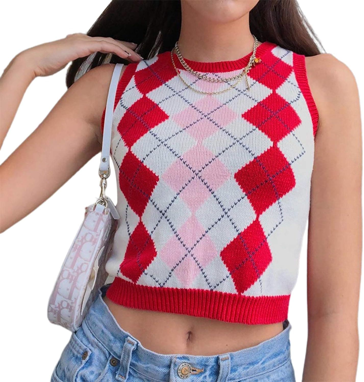 Women Sleeveless Knitted Sweater Vest Streetwear Preppy Style Knitwear V Neck Argyle Plaid Tank Top