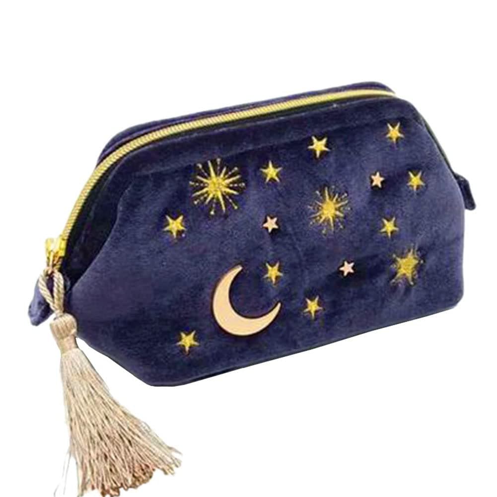 HOYOFO Velvet Makeup Bag for Women Girls,Travel Cosmetic Bag with Embroidered Moon Stars Sun,Starry Blue Makeup Pouch with Tassels & Pearl Zippers,Beauty Storage Bag Clutch Handbag，Small