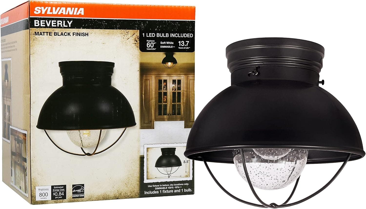 SYLVANIA Vintage Beverly Barn Cage Light Fixture, Black / Oil Rubbed Bronze Semi-Flush Mount - with 40W A19 Soft White Dimmable LED Bulb Included