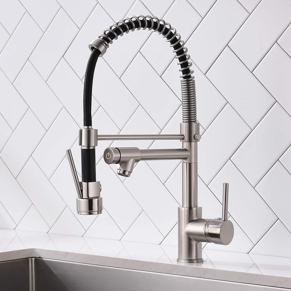 Qomolangma High Arc Kitchen Button Switch Spring Faucet with Pull Down Sprayer, Stainless Steel Kitchen Faucet Commercial, Single Lever Handle Kitchen Sink Faucet Brushed Nickel