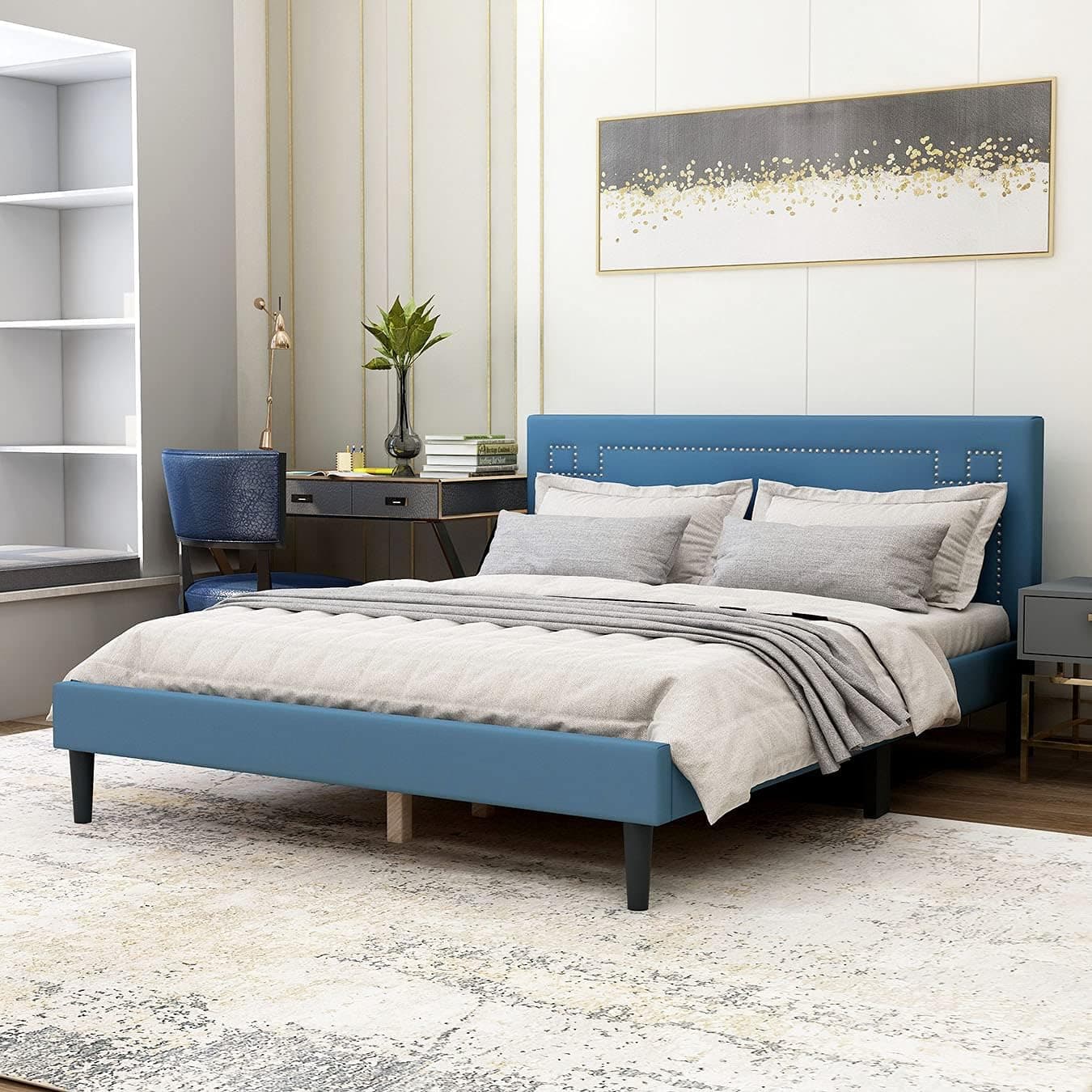 Upholstered Platform Bed Frame with Headboard Strong Wood Slat Support Mattress Foundation, Queen, Blue