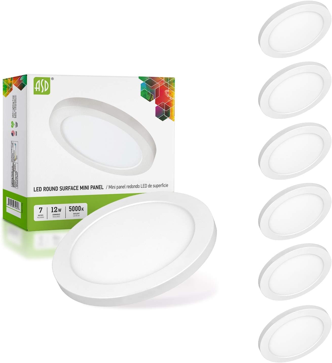 ASD (6 Pack 7 Inch Flush Mount LED Ceiling Light Fixture, Dimmable Surface Mount Round LED Panel, 12W=60W Equivalent, 840 Lm, 5000K (Daylight), ETL Listed Energy Star Certified